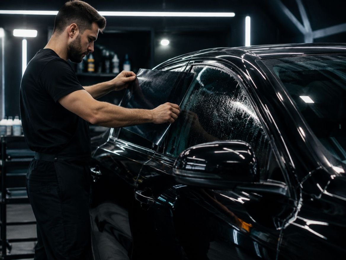 Technician applying window tint to a luxury car