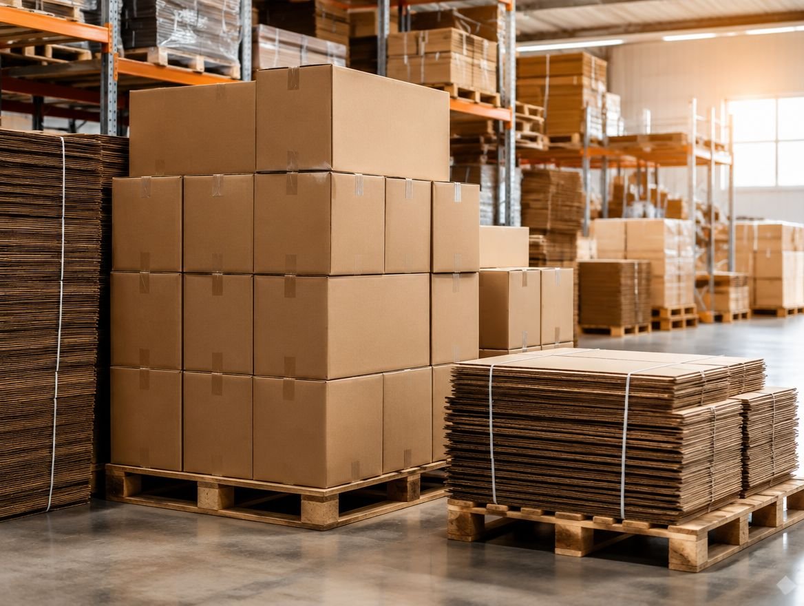 Stacked cardboard shipping boxes in a warehouse
