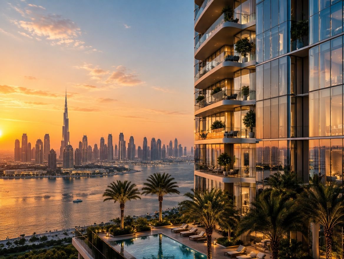 Luxury residential tower in Dubai at golden hour